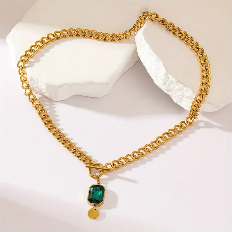 Chunky Chain Emerald Pendant Necklace | Guld