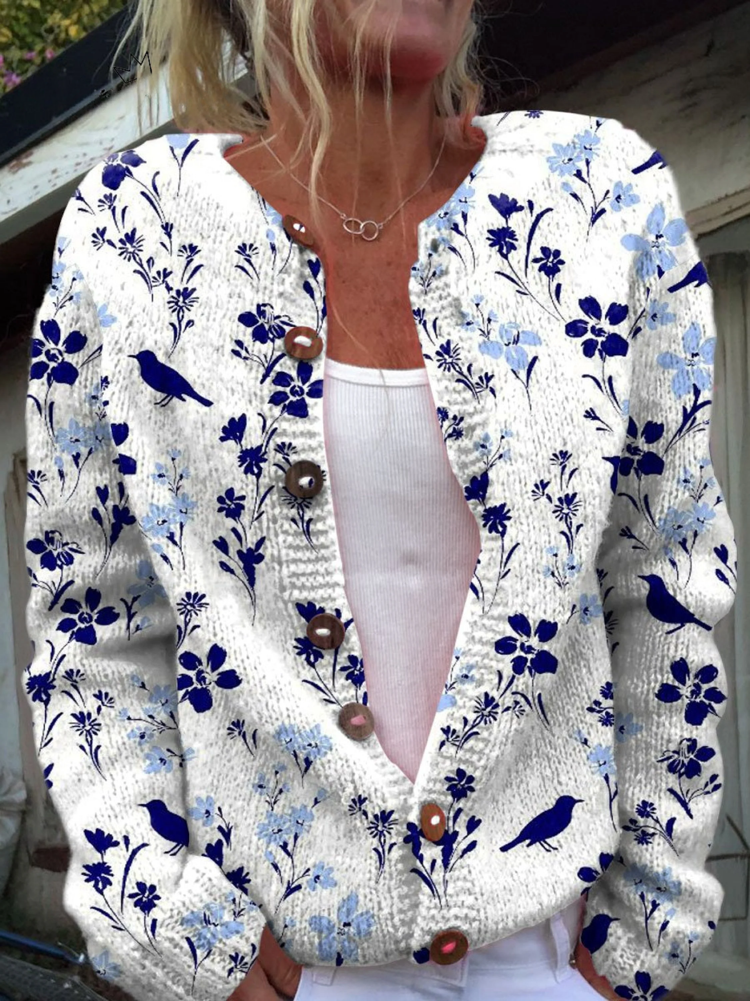 Kvinnors Vintage Blomkonsttryck Knäppt Kofta Tröja