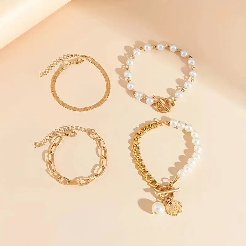 Chic Guld 4-delars Armband Set – Orm, Pärlor & Länkar | Guld