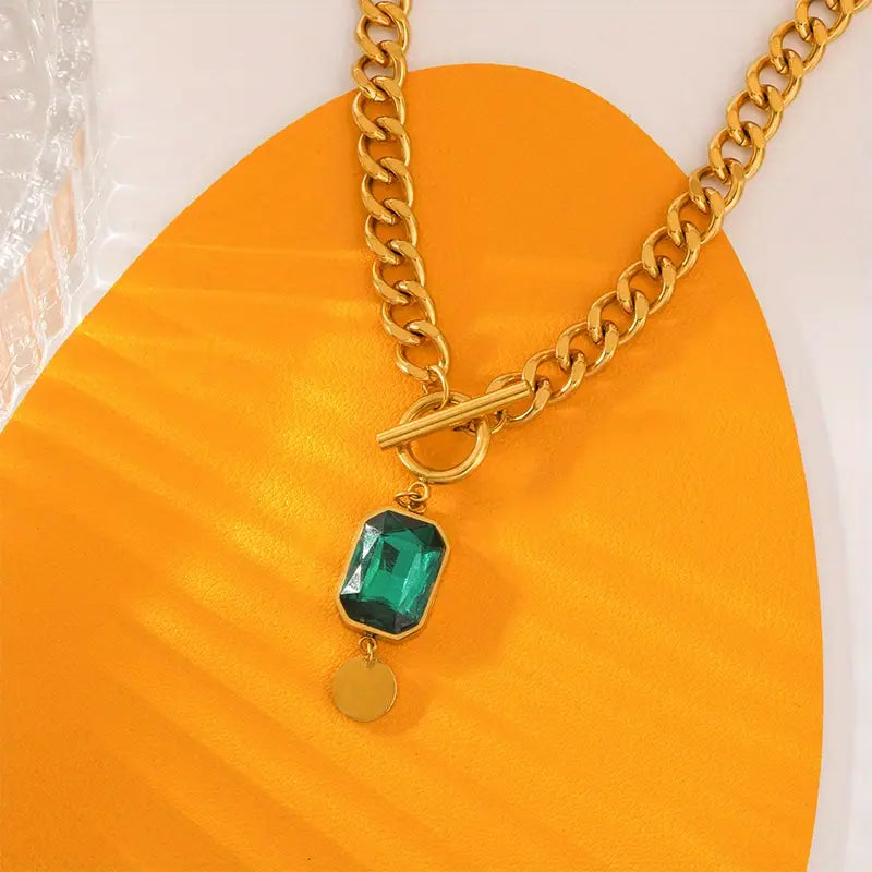 Chunky Chain Emerald Pendant Necklace | Guld