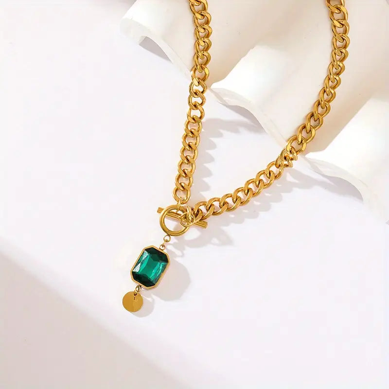 Chunky Chain Emerald Pendant Necklace | Guld